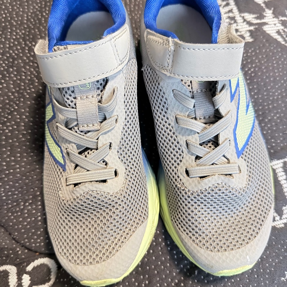 New Balance Kids Gray and Lime Athletic Sneakers with Blue Lining